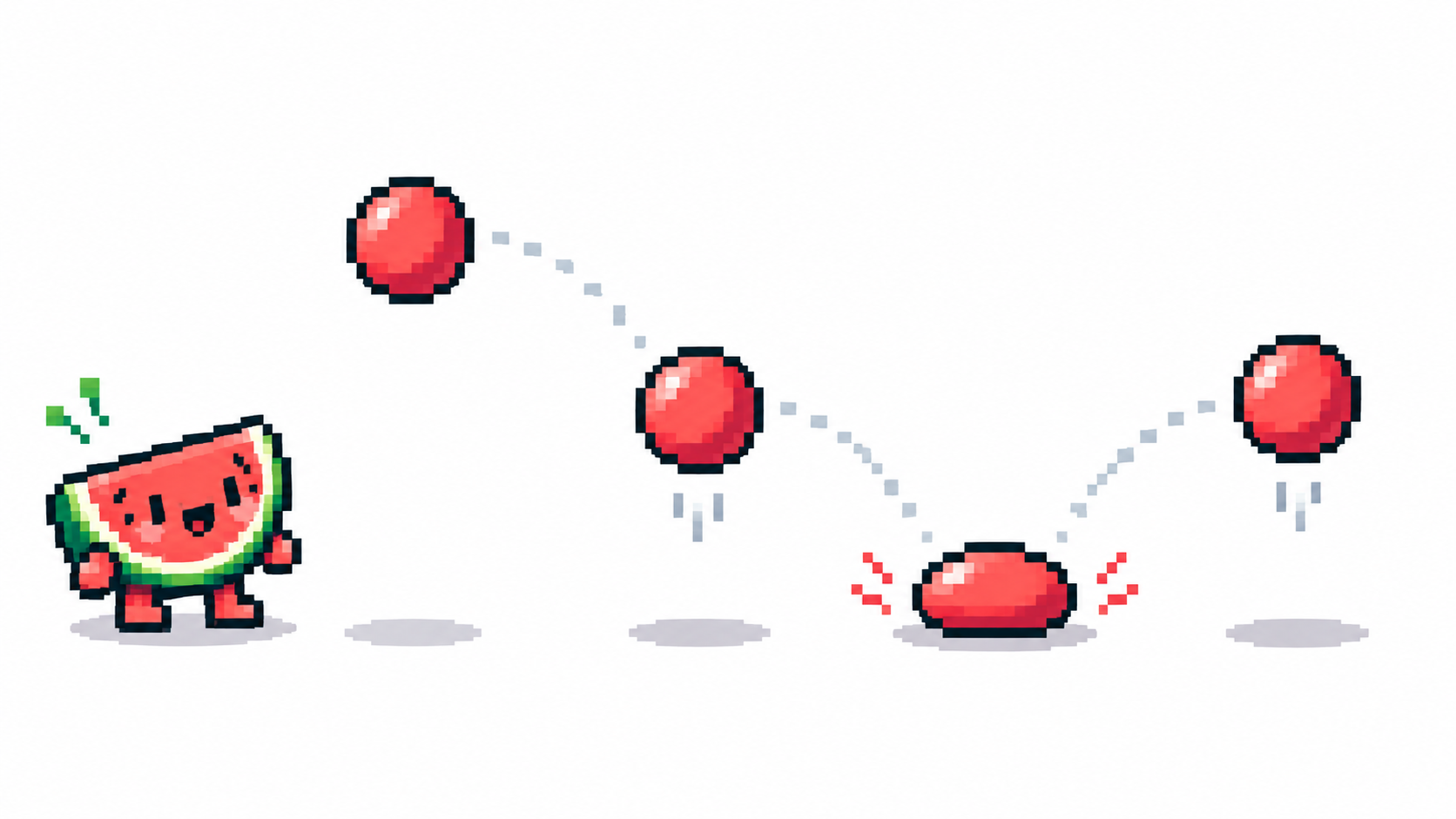 Four frames of a bouncing pixel ball showing spacing and squash on impact