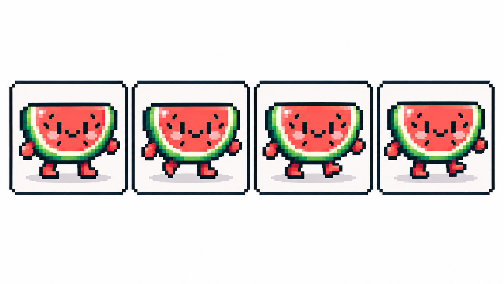 Sprite sheet with four walk frames in bordered cells in filmstrip order