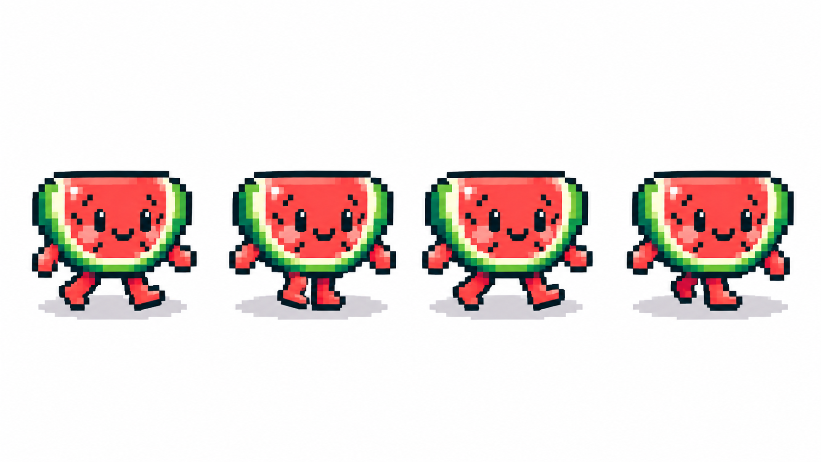 Four frames of a pixel character walk cycle with alternating legs