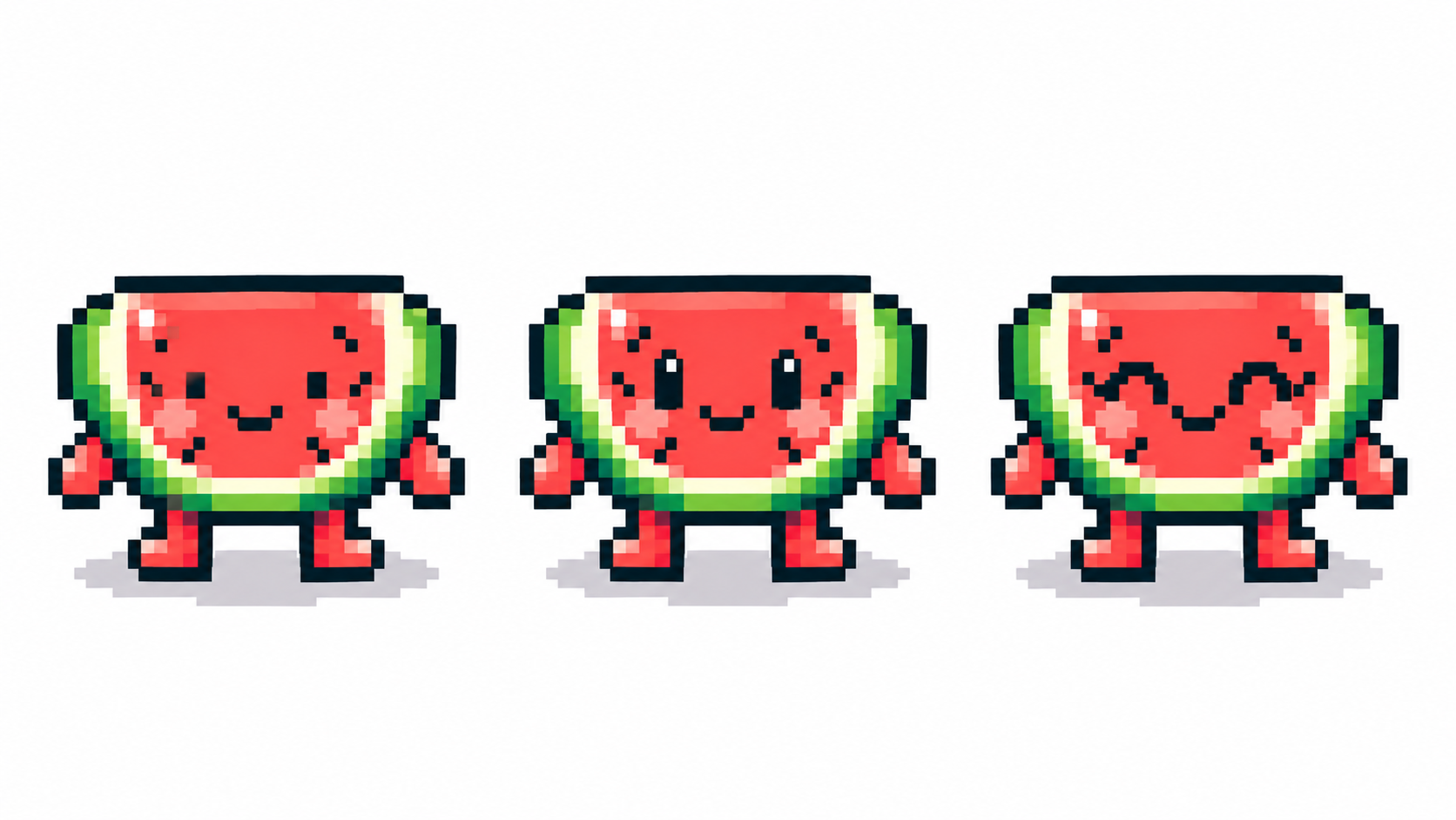 Close-up of three pixel eye styles: dot, block with highlight, closed happy eyes
