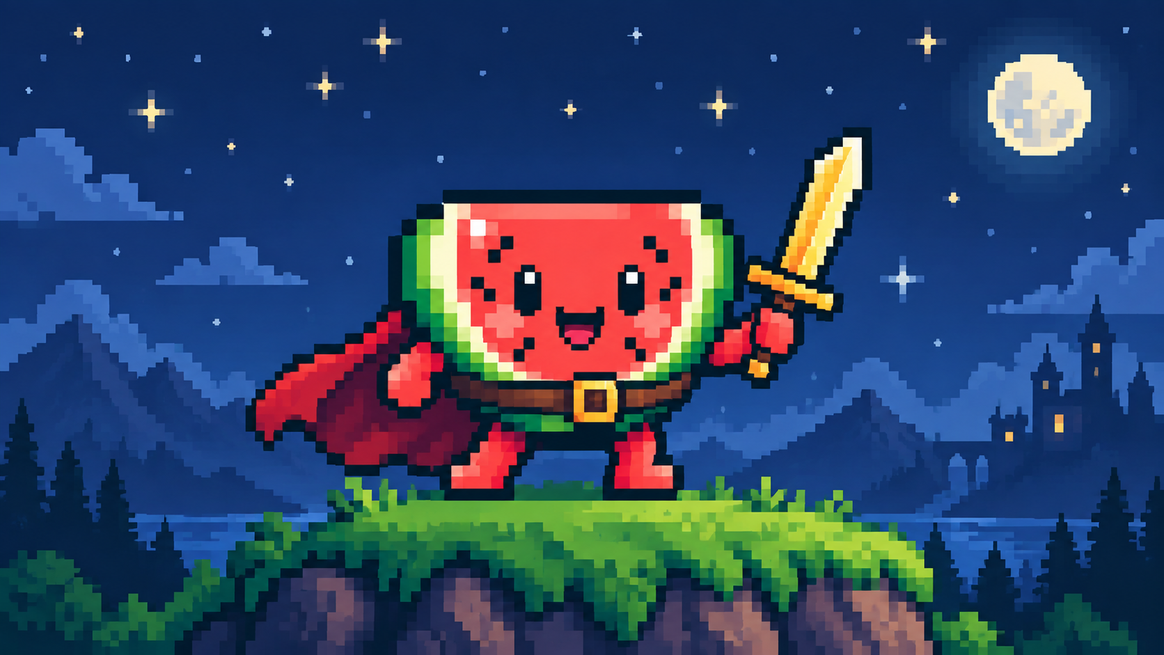 Finished pixel art knight with red cape and gold sword on starry night