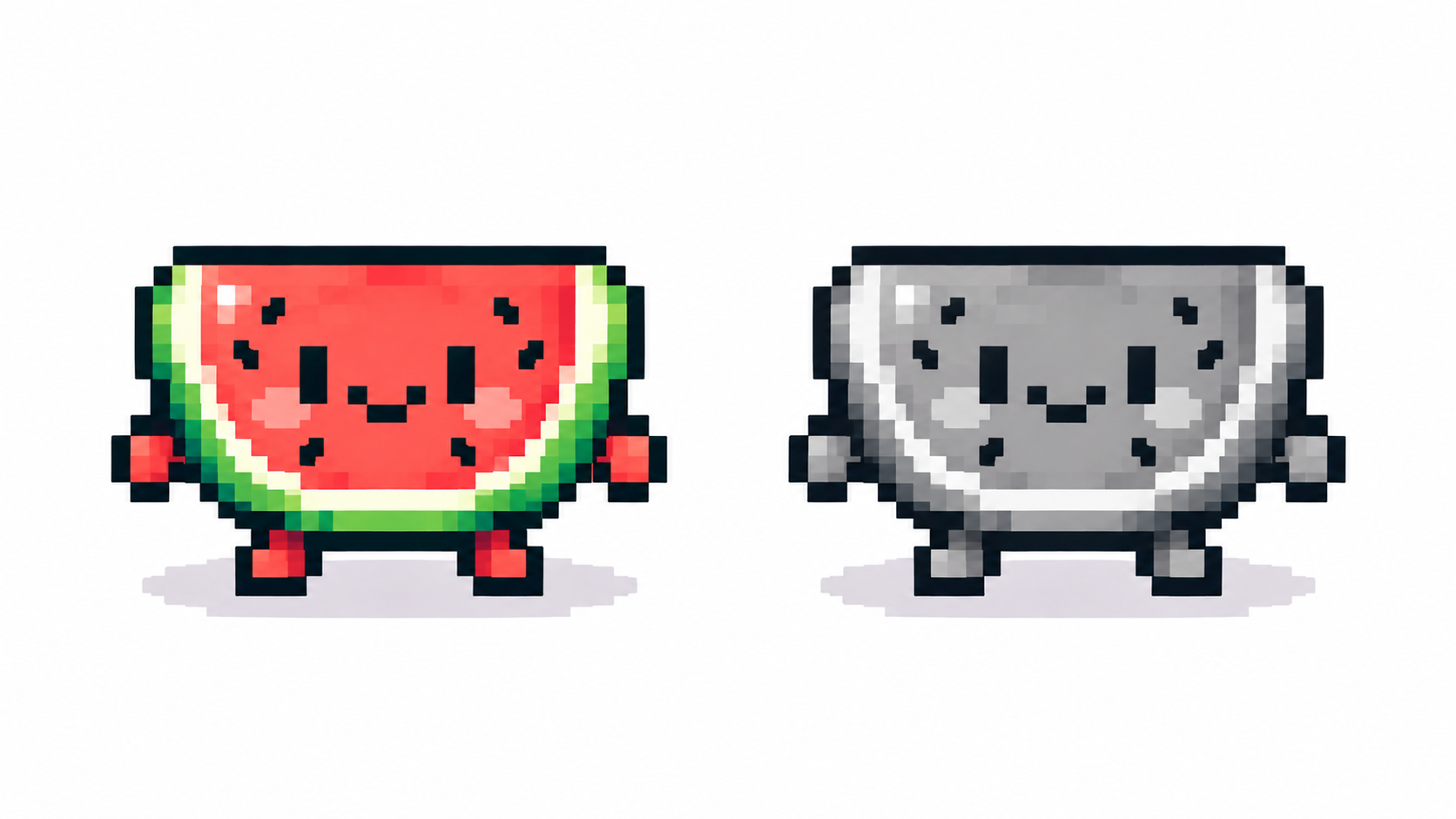 Pixel art slime in full color next to its grayscale version