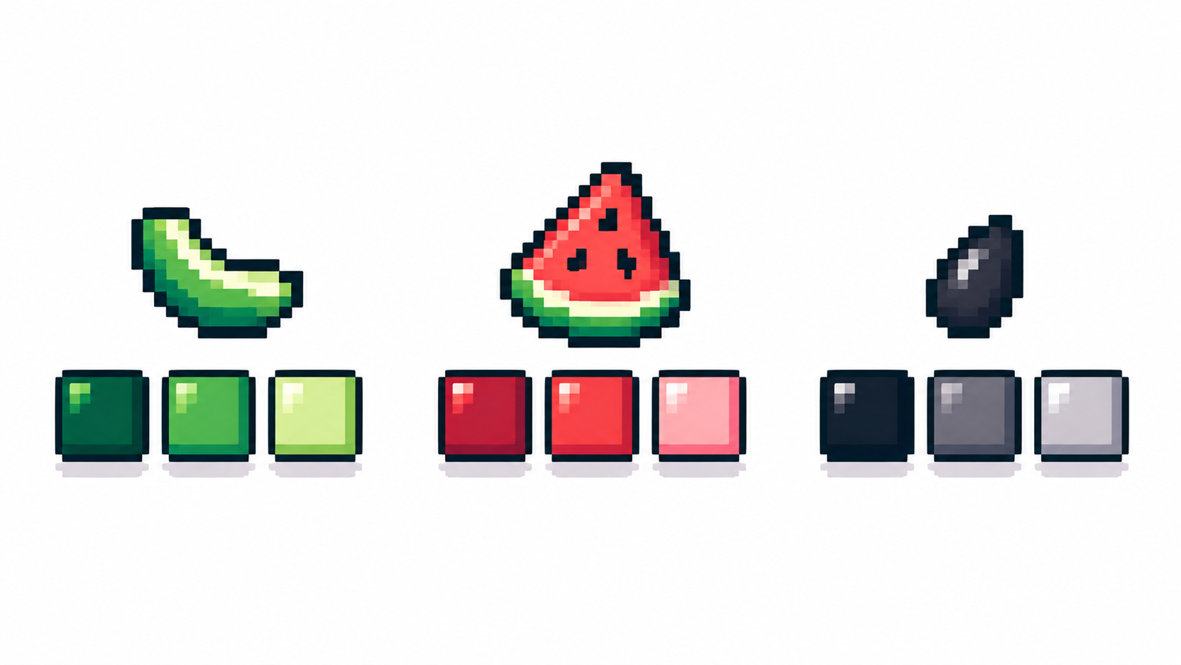 Three short color ramps of three swatches for pixel art shading