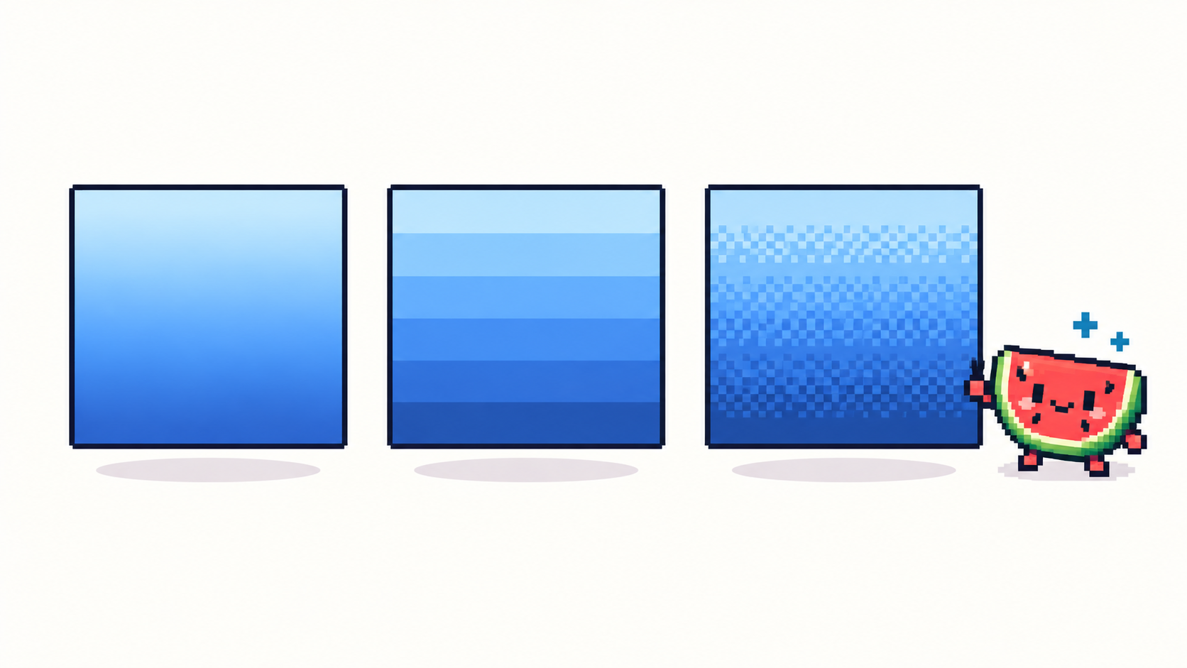 Gradient shown solid, banded in flat steps, and smoothed with dithering