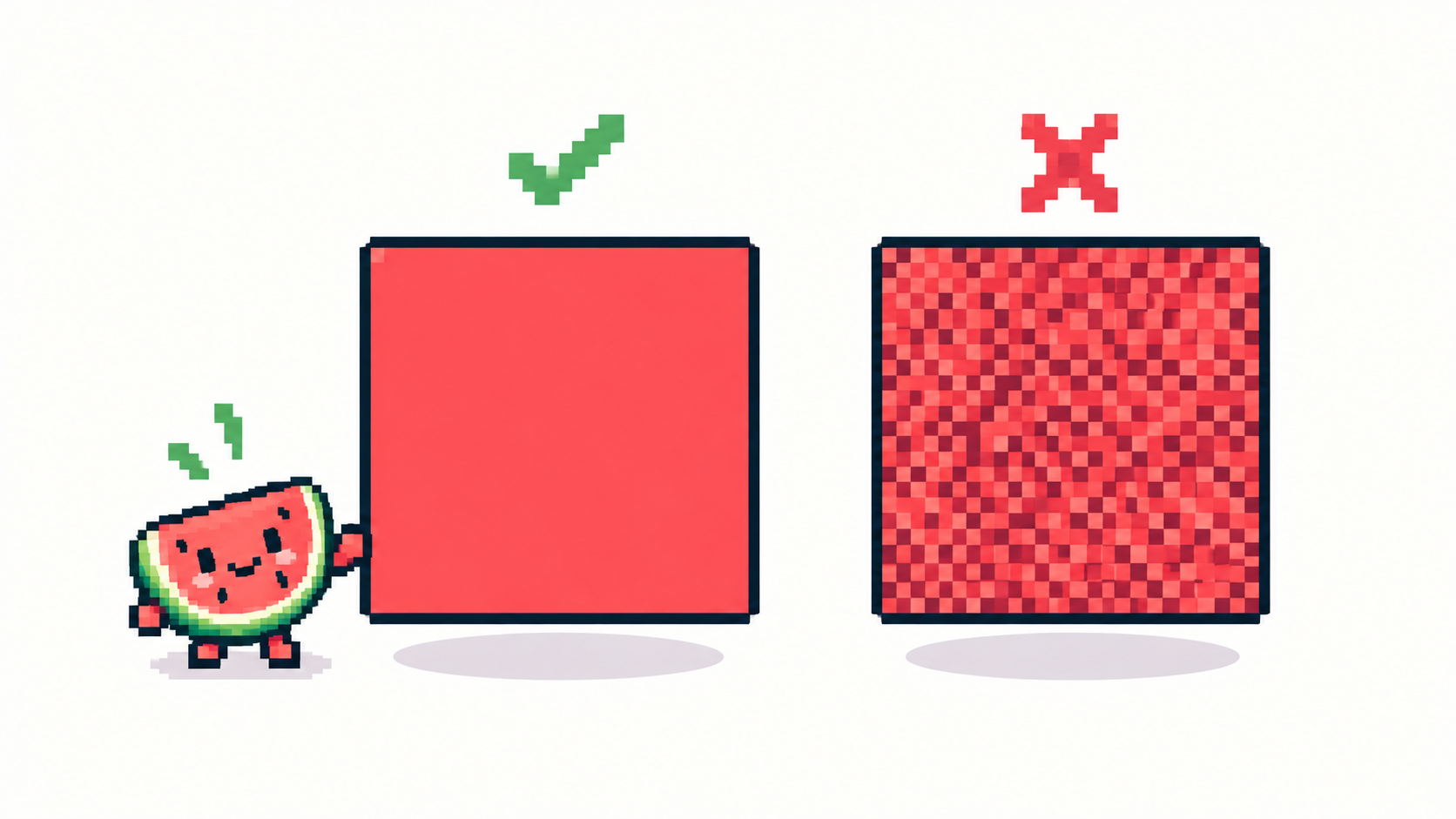 Clean flat red square next to the same square polluted with dithering noise