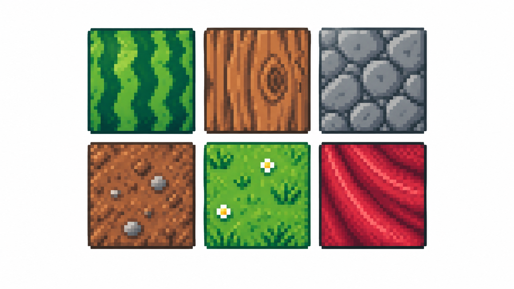 Four pixel texture tiles: wood grain, stone, cloth dashes and grain