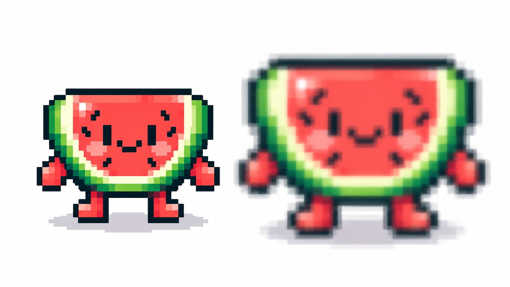 Crisp pixel sprite next to the same sprite blurred by bad export