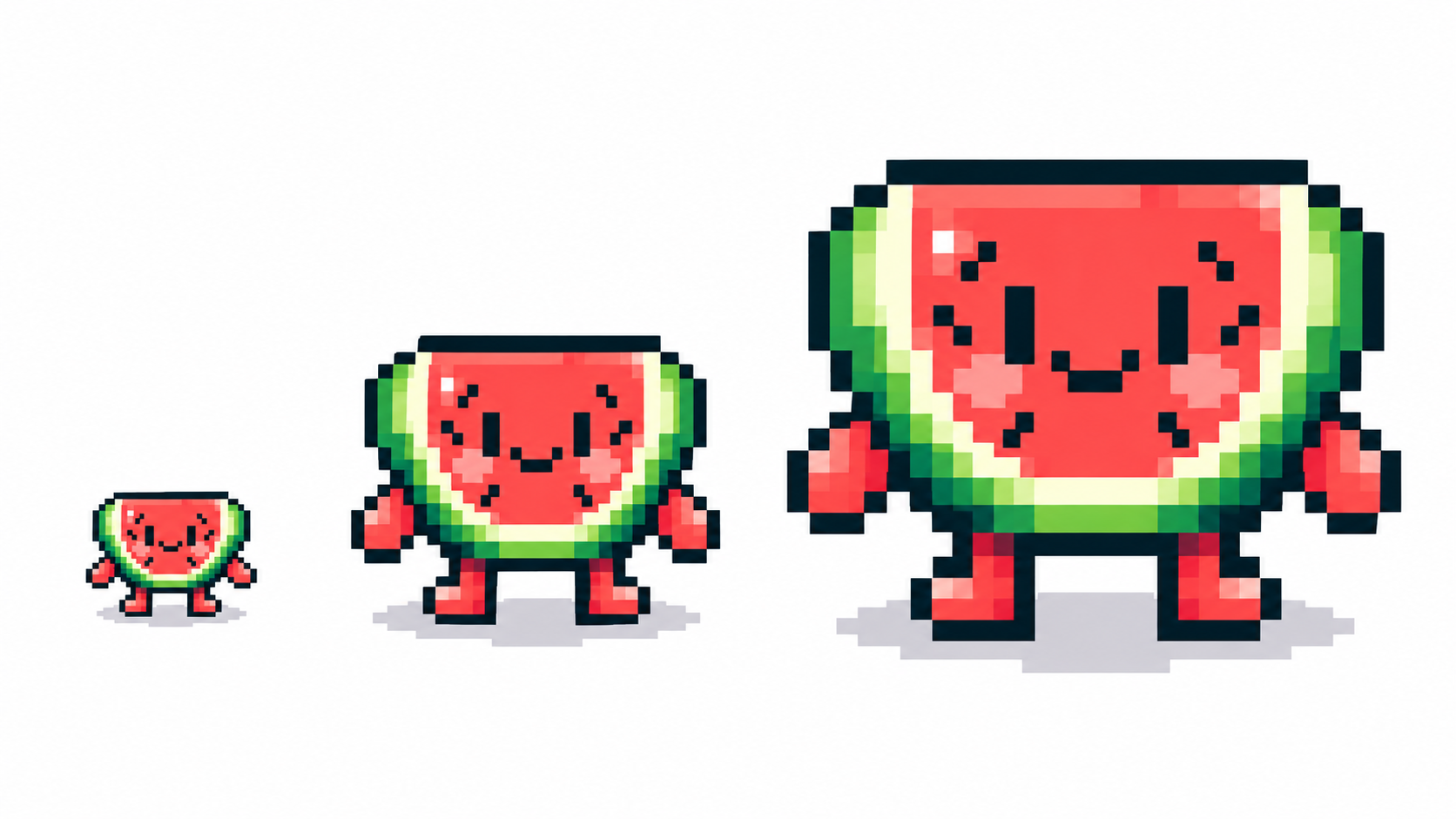 Same sprite exported at 1x, 4x and 8x scale with perfectly crisp pixels