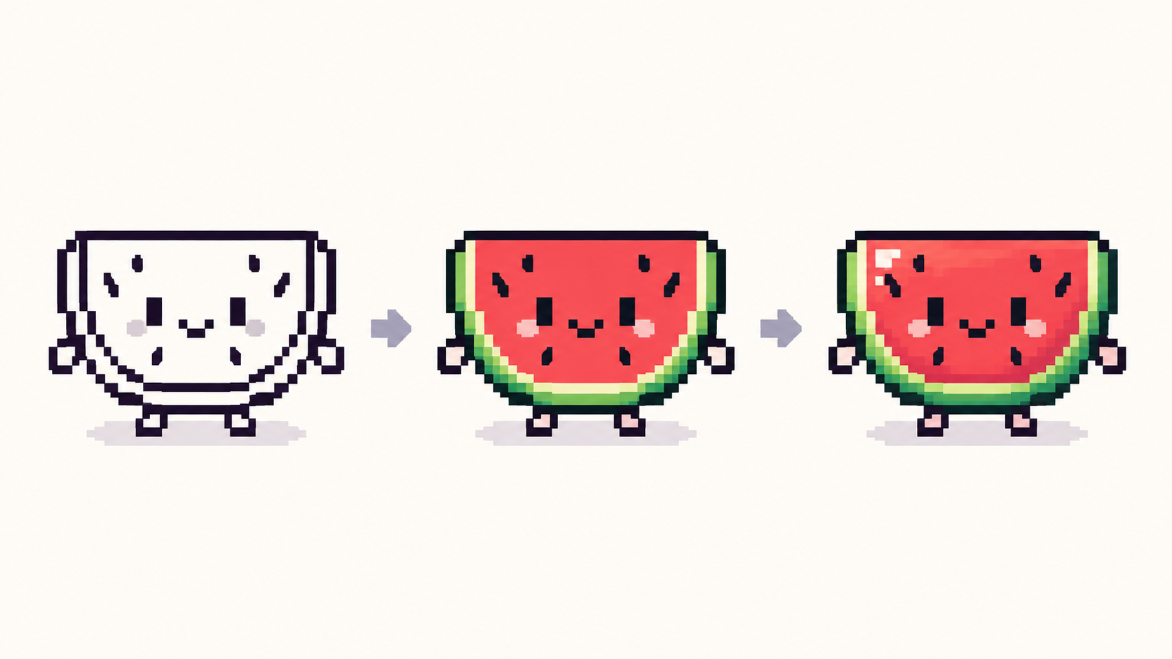 Three stages of a pixel art slime: outline, flat colors, shaded finish