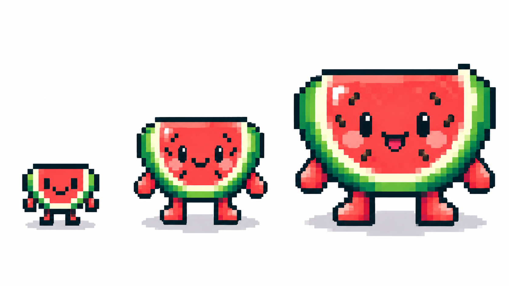 Same slime sprite drawn at 16, 32 and 64 pixel canvas sizes