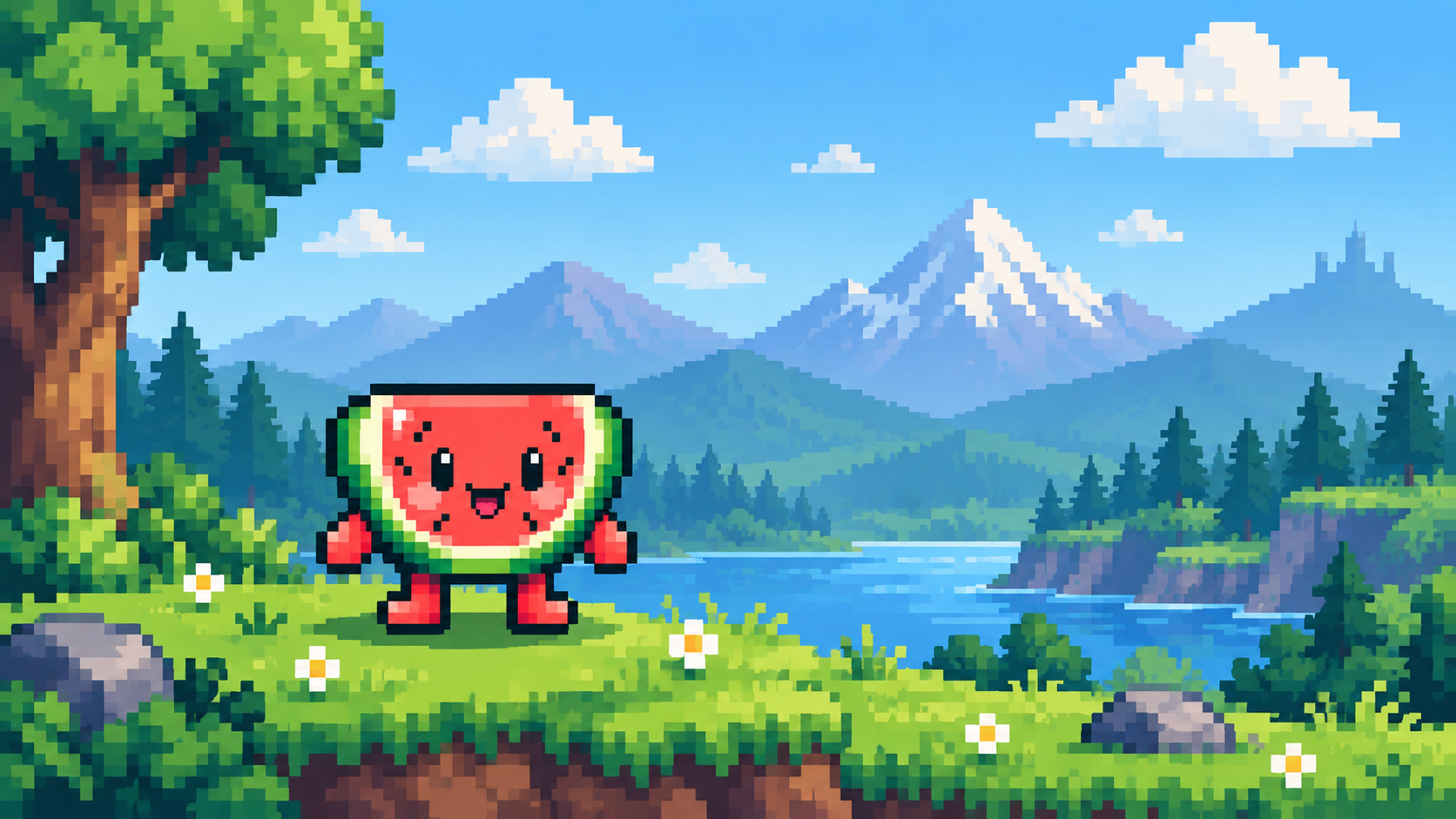 Layered pixel background with sky, mountain silhouettes and grass planes
