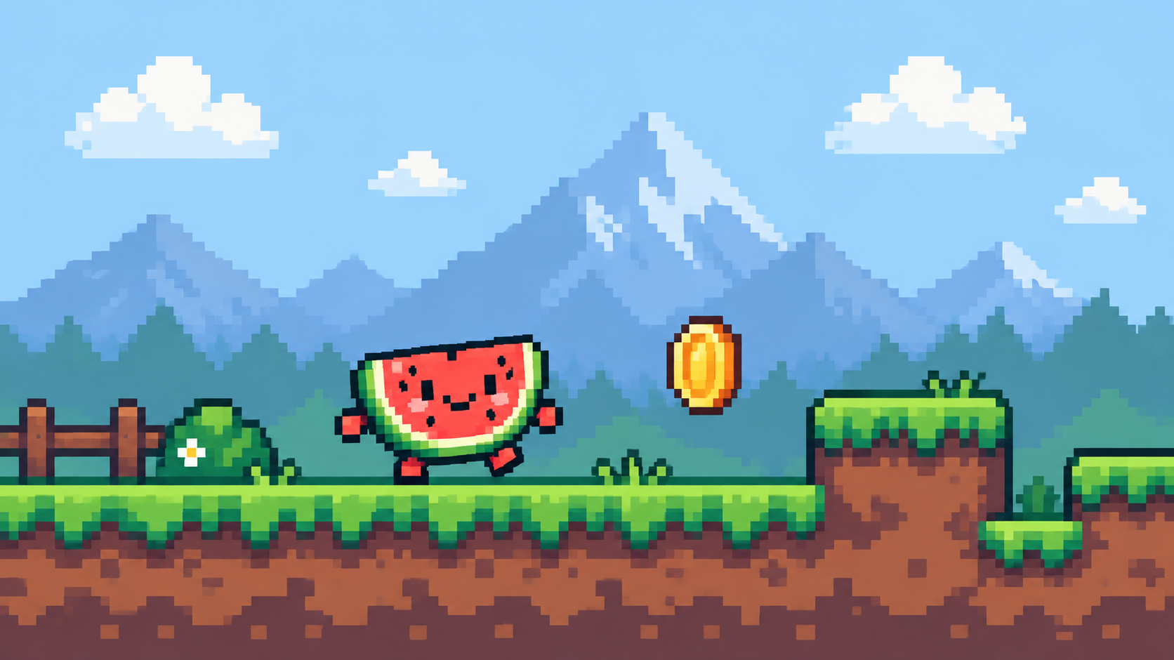 Small pixel game scene with slime character, coin, mountains and clouds