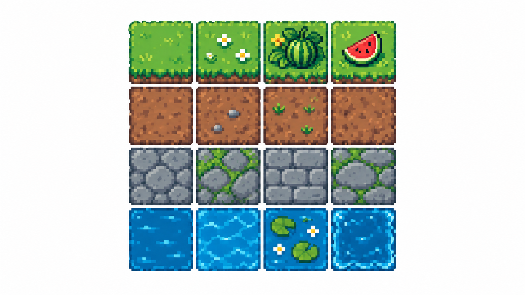 Four by four grid of pixel art terrain tiles in grass, dirt, stone and water